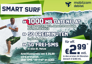 Bild zu [Top] o2 Smart Surf (1GB Datenflat, 50 Freiminuten + 50 Frei SMS) für 2,99€/Monat