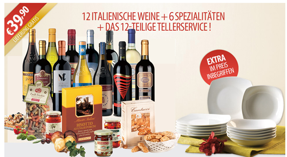 Bild zu Weinpaket mit 12 italienischen Weinen, 6 Spezialitäten und einem 12-teiliges Tellerservice für 39,90 Euro inkl. Versand