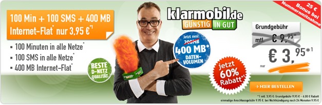 Bild zu Klarmobil AllNet Starter (100 Freiminuten, 100 Frei-SMS und 400MB Daten) für 3,95 Euro/Monat