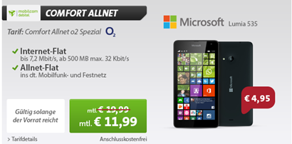 Bild zu o2 Allnet Flat inkl. 500MB Datenflat + Microsoft Lumia 535€ (einmalig 4,95€) für 11,99€/Monat