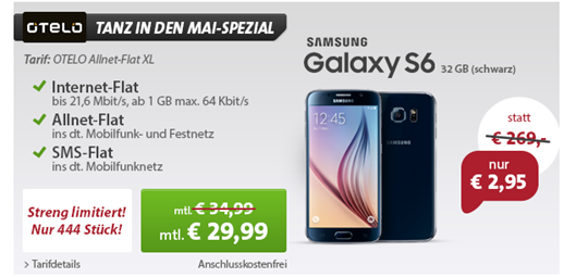 Bild zu [beendet] Otelo im Vodafone Netz (1GB Datenflat, SMS Flat, Sprachflat alle Netze) für 29,99€/Monat + Samsung S6 für einmalig 2,95€