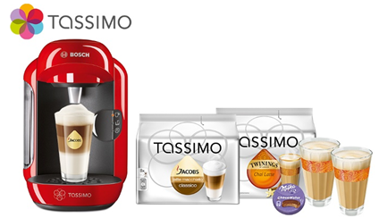 Bild zu TASSIMO VIVY mit T DISCS Latte Macchiato und Chai Latte, 2 WMF Gläsern und Milka Choco Wafer für 29,99 € inkl. Versand