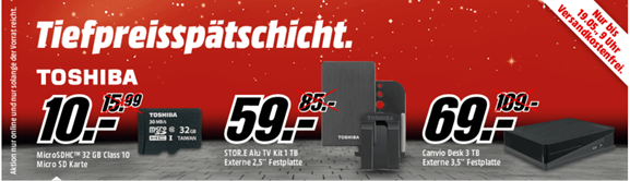 Bild zu Media Markt Tiefpreisspätschicht mit verschiedenen Speichermedien von Toshiba, z.B. Toshiba microSDXC 64GB Class 10 für 19€