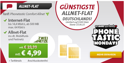 Bild zu [bis Montag] Allnet Flat + 500MB Datenflat für 6,24€ im Monat