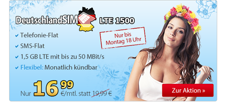 Bild zu o2 Netz: 1,5GB LTE Datenflat (50Mbit) inkl. Telefon- und SMS Flatrate in alle Netze für 16,99€/Monat (monatlich kündbar)