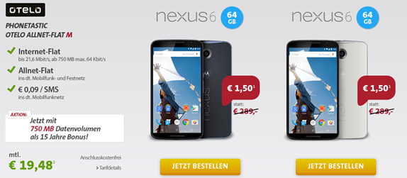 Bild zu [Knaller] Otelo Flat M (750MB Datenflat + Sprachflatrate alle Netze) inkl. Nexus 6 (64GB – einmalig 1,50€) für 19,48€/Monat