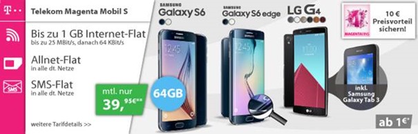 Bild zu Telekom Magenta S (500MB Datenflat, Sprach- und SMS-Flat) inkl. z.B. gratis Samsung S6 (64GB) ab 29,95€ pro Monat