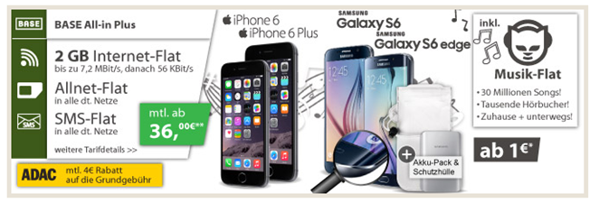 Bild zu Base (2GB Datenflat, Sprach- und SMS Flat, Festnetznummer, Napster Musik-Flat usw.) inkl. z.B. iPhone 6 oder Samsung S6 ab 36€/Monat