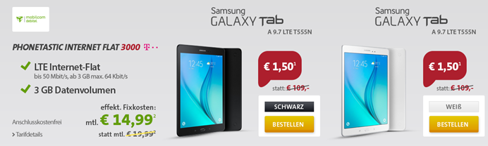 Bild zu [Top] 3GB Telekom LTE Datenflat inklusive Samsung Galaxy Tab A 16GB LTE für 14,99€ im Monat