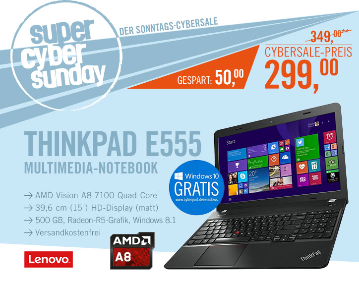 Bild zu 15 Zoll Notebook Lenovo ThinkPad E555 (20DH001WGE) für 299€ inkl. Versand