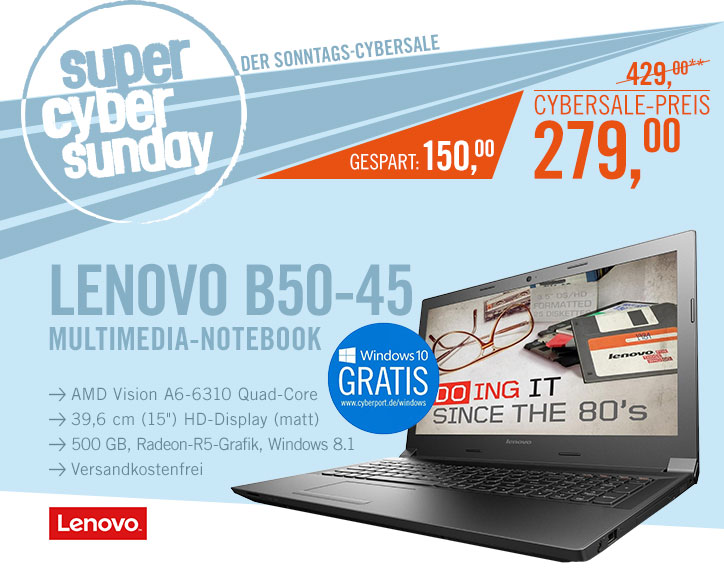 Bild zu 15 Zoll Notebook Lenovo B50-45 (MCD32GE) für 279€ inkl. Versand