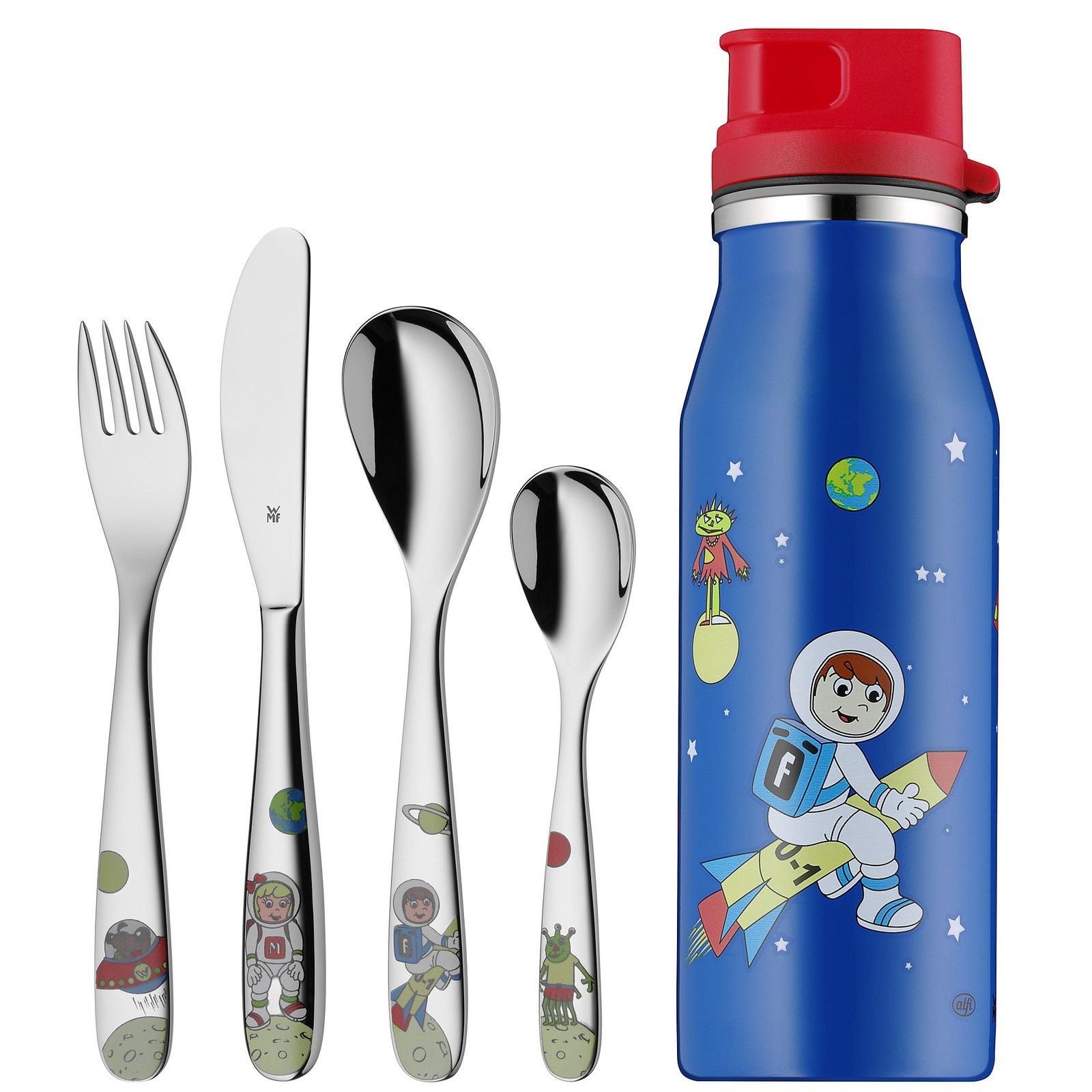 Bild zu 5-teiliges WMF Kinderbesteck-Set Willy Mia Fred Space mit Trinkflasche für 19,95€ inkl. Versand