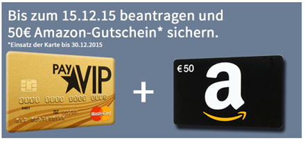 Bild zu payVIP: Kostenlose Mastercard Gold (100% gebührenfrei) + 40€ Amazon Gutschein