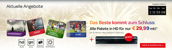 Bild zu Sky Entertainment Komplettpaket (inkl. aller 3 Pakete inkl. HD und Sky+ HD-Festplattenleihreceiver) nur 29,99€/Monat statt sonst 73,99€/Monat