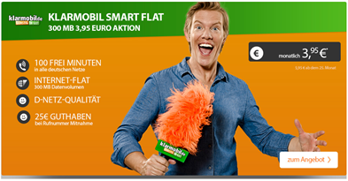 Bild zu Klarmobil Smart Flat S im Telekom-Netz (100 Freiminuten, 300MB Datenflat) für 3,95€/Monat