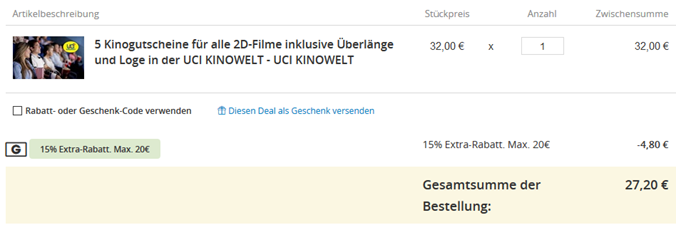 Bild zu Groupon: 5 UCI Kinotickets für 27,20€ dank Gutschein