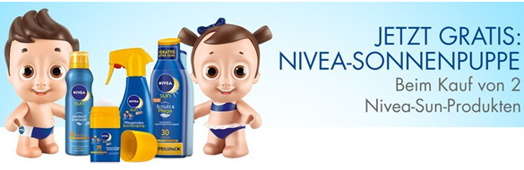 Bild zu Für alle: Zwei Nivea Sun Produkte kaufen (z.B. 2 x Spray LSF50 für 6,99€) + Sonnenpuppe im Wert von 20€ gratis erhalten + ab 9€ für alle versandkostenfrei