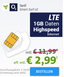 Bild zu Nun mit LTE: o2 Smart Surf mit 1GB Datenflat + 50 Freiminuten + 50 Frei SMS für 2,99€/Monat