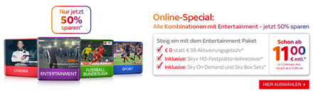 Bild zu Sky: 50% Rabatt auf alle Entertainment Kombinationen + 0€ Aktivierungsgebühr + HD Festplattenreceiver