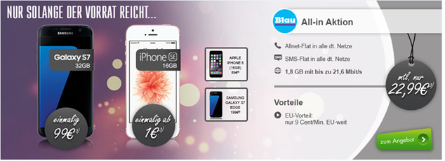 Bild zu Blau.de Tarif mit 1,8GB Datenflat, SMS- und Sprachflat für 22,99€/Monat inklusive z.B. iPhone SE für einmalig 1€