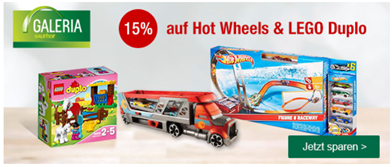 Bild zu Galeria Kaufhof: 15% Rabatt auf LEGO Duplo & Hot Wheels + 11% Extra-Rabatt ab 89€ dank Gutschein