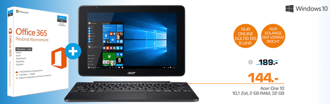 Bild zu Acer One (10,1 Zoll HD IPS) Con­ver­ti­ble Note­book/Tablet inkl. Office 365 für 144€ inklusive Versand