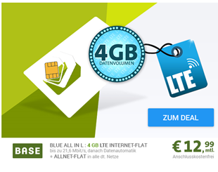 Bild zu o2-Netz (Allnet-Flat, SMS-Flat, 4GB LTE Datenvolumen, EU-Paket) für 12,99€/Monat oder mit 2GB für 9,99€/Monat