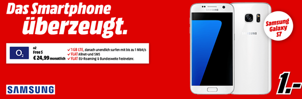 Bild zu o2 Free S mit einer 1GB LTE Datenflat + SMS Flat, Sprach-Flat + EU Flat inkl. Samsung S7 (einmalig 40,94€) für 24,99€/Monat