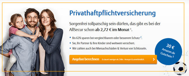 Bild zu AllSecur Privathaftpflichtversicherung ab 2,72€ im Monat + 30€ Amazon Gutschein als Willkommensprämie