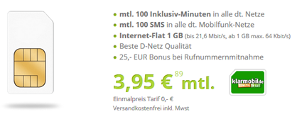 Bild zu Klarmobil im Vodafone Netz mit 1GB Datenflat, 100 Freiminuten + 100 Frei SMS für 3,95€/Monat