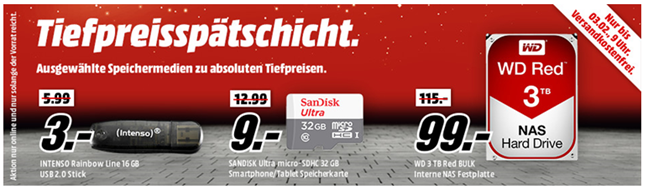 Bild zu Media Markt Tiefpreisspätschicht mit Speicherangeboten, so z.B. 16GB USB Stick für 3€ inklusive Versand