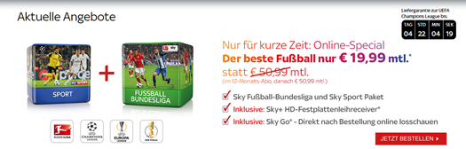 Bild zu Sky Starter + 2 Pakete (z.B. Bundesliga und Sport) + gratis HD Festplattenreceiver + gratis SkyGo + 19€ Aktivierungsgebühr (statt 59€) für 19,99€/Monat