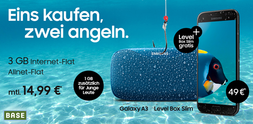 Bild zu [Super] Base mit 3GB LTE Datenflat (junge Leute 4GB) inkl. Sprachflat + z.B. Samsung A3 (2017) inkl. neuer Samsung Level Box Slim (zusammen 49€) für 14,99€/Monat