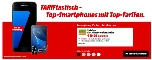 Bild zu [ausverkauft] Vodafone Netz (Allnet-Flat, 1GB Datenvolumen) + Samsung Galaxy S7 & Samsung Tab für 19,99€/Monat