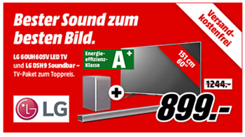 Bild zu LG 60UH605V 151 cm (60 Zoll) Fernseher (Ultra HD, Triple Tuner, Smart TV) [Energieklasse A+] + LG DSH9 Soundbar für 899€ (Vergleich: 1.113,50€)