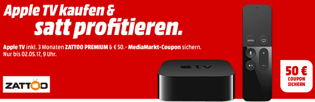 Bild zu APPLE TV MGY52FD/A 32 GB + 3 Monate Zattoo Premium + 50€ MediaMarkt Gutschein für 179€