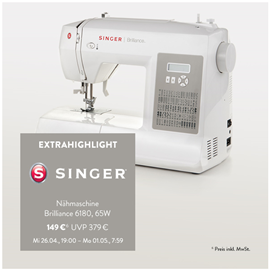 Bild zu Singer Brilliance 6180 Nähmaschine  für 149€ (Vergleich: 239€) oder Singer Heavy Duty 854 für 199€ (Vergleich: 269€)