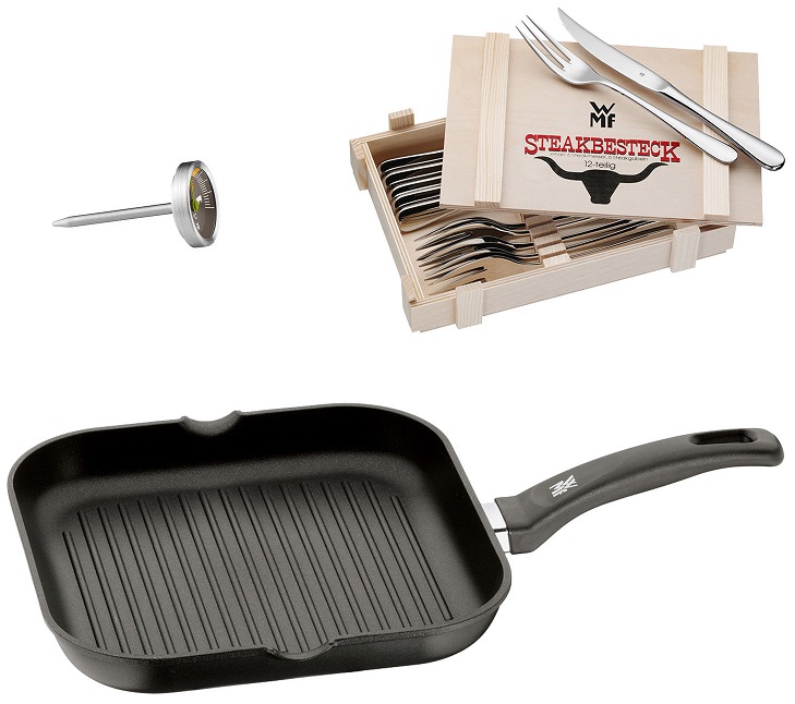 Bild zu 14-teiliges WMF Steak Set mit Steakbesteck, Grillpfanne und Steakthermometer für 69€