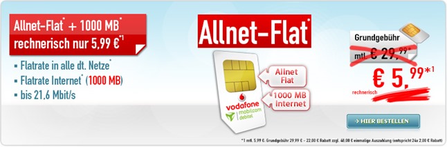 Bild zu Allnet Flat im Vodafone Netz mit 1GB Datenflat für 5,99€/Monat