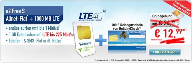 Bild zu o2 Free S (1GB LTE, danach 1Mbit/s + SMS Flat + Sprachflat) inkl. 100€ Holidaycheck Gutschein für 12,99€/Monat