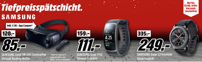 Bild zu MediaMarkt Tiefpreisspätschicht, so z.B. Samsung Gear S3 Smartwatch für 249€ (Vergleich ab 306,81€)