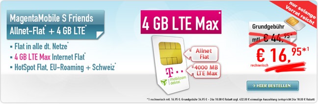 Bild zu [für junge Leute] Telekom Maganta S mit 4GB LTE Datenflat, Sprach- und SMS Flat, Hotspot Flat, EU Roaming + Schweiz für 16,95€/Monat