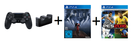 Bild zu [ausverkauft] PS4 Wireless Dualshock 4 Controller + Charger + Prey + PES 2016 für 51,98€ (Vergleich: 110,88€)