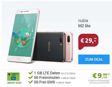 Bild zu Nubia M2 Lite (einmalig 29€ – Vergleich: 264,99€) mit o2 Smart Surf (1GB LTE, 50 Freiminuten + 50 Frei-SMS) für 9,99€/Monat