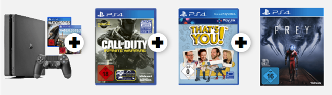 Bild zu [Super] PS4 Slim 1TB mit Call of Duty + Thats You! + Prey + Watch Dogs 1 + 2 für 255€ (Vergleich: 347,55€)