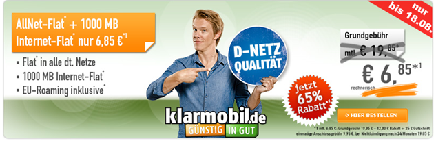 Bild zu Klarmobil Vodafone AllNet-Flat + 1 GB Datenflat für 6,81€/Monat