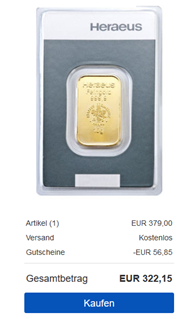 Bild zu 10 Gramm Goldbarren Heraeus Gold 999,9 Feingold Barren für 322,15€ (aktueller Goldpreis = 351,10€)