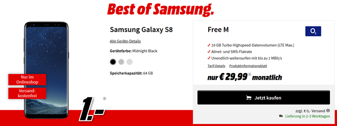 Bild zu [Super] o2 Free M mit einer 10GB Datenflat (danach 1Mbit/s), SMS Flat, Sprachflat, EU Flat inkl. Samsung S8 (1€) für 29,99€/Monat