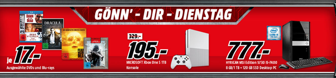 Bild zu schon am Montag: “Gönn dir Dienstag” bei MediaMarkt, so z.B. xBox One S 1TB für 195€