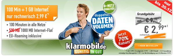 Bild zu [nur noch heute] Klarmobil im Vodafone Netz mit 1GB Datenflat + 100 Freiminuten für 2,99€/Monat